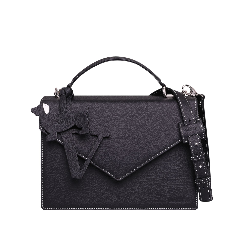 Handle Bag with shoulder strap made of calfskin black